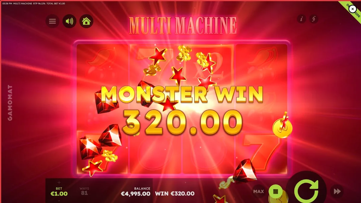 Interface do slot Multi Machine com símbolos de frutas e design retro