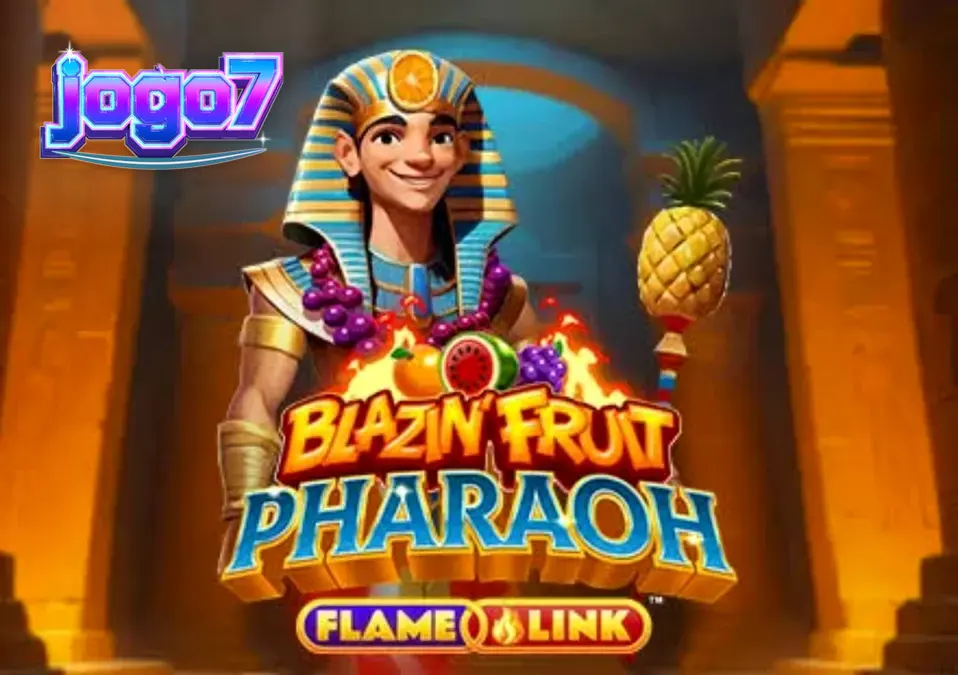 Interface vibrante do slot Blazin’ Fruit Pharaoh FlameLink™ com símbolos de frutas e elementos egípcios